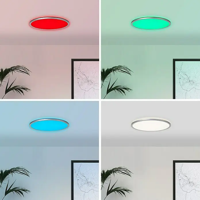 Brilliant LED-Deckenleuchte rund Tanida - 46 W, Ø x H: 57 x 3,2 cm, Silber, RGBW - Farbwechsel LED Deckenleuchte mit silbernem Rand.