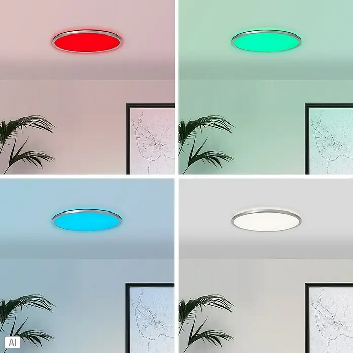 Brilliant LED-Deckenleuchte rund Tanida - 46 W, Ø x H: 57 x 3,2 cm, Silber, RGBW - Farbwechsel LED Deckenleuchte mit silbernem Rand.