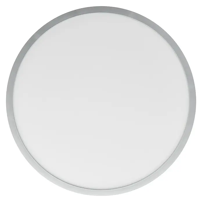 Brilliant LED-Deckenleuchte rund Tanida - 46 W, Ø x H: 57 x 3,2 cm, Silber, RGBW - Nahaufnahme einer runden LED-Deckenleuchte mit silbernem Rahmen, die ein helles, gleichmäßiges Licht für moderne Innenräume bietet.