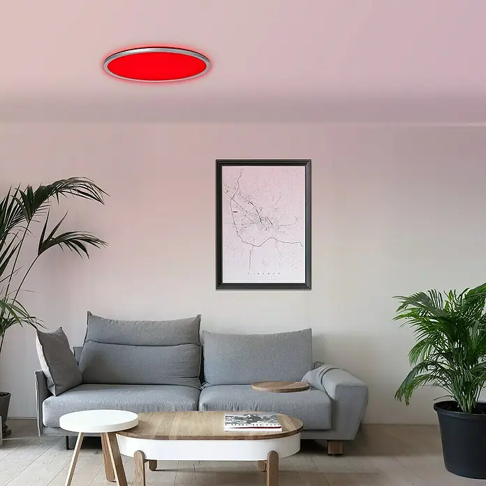 Brilliant LED-Deckenleuchte rund Tanida - 46 W, Ø x H: 57 x 3,2 cm, Silber, RGBW - Die moderne rote Deckenleuchte sorgt für ein stilvolles Ambiente. Runde Deckenlampe mit Aluminiumrahmen für eine angenehme Beleuchtung im Wohnraum.