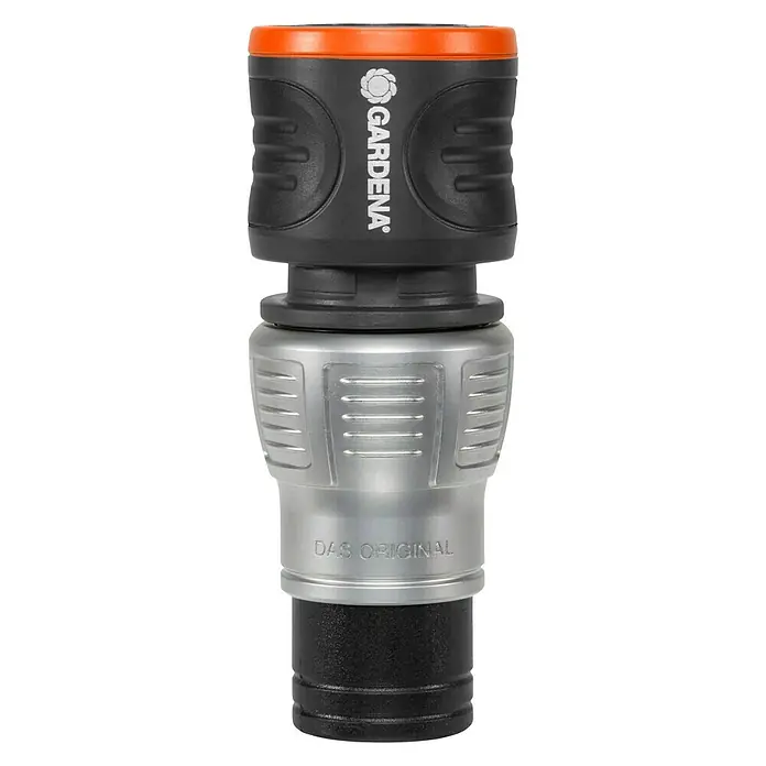 Gardena Schlauchkupplung - Größe: ½″, Mit Wasserstopp - Gardena Original Kupplung mit orangefarbenem Akzent, ein hochwertiges Produkt zur Bewässerung im Garten.