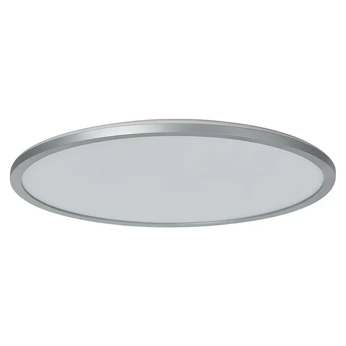 Brilliant LED-Deckenleuchte rund Tanida - 46 W, Ø x H: 57 x 3,2 cm, Silber, RGBW - Nahaufnahme einer runden LED-Deckenleuchte mit silbernem Rahmen und weißem Diffusor, ideal für moderne Innenräume.