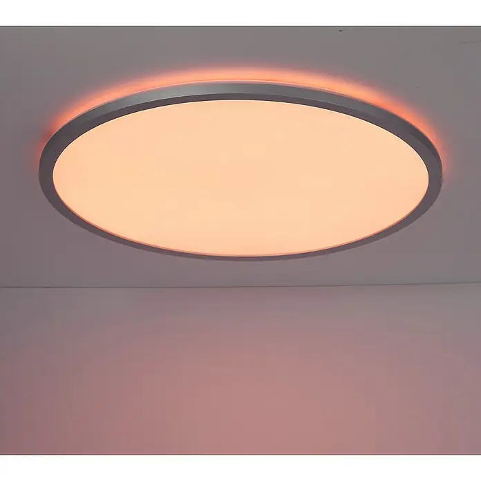 Brilliant LED-Deckenleuchte rund Tanida - 46 W, Ø x H: 57 x 3,2 cm, Silber, RGBW - Runde LED-Deckenleuchte mit einem grauen Rahmen und einem sanften, warmen Licht, ideal für Wohnräume und Büros.