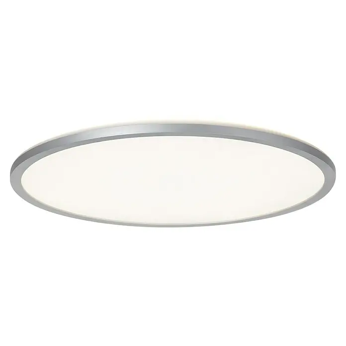 Brilliant LED-Deckenleuchte rund Tanida - 46 W, Ø x H: 57 x 3,2 cm, Silber, RGBW - Nahaufnahme einer runden Deckenleuchte mit einem silbernen Rahmen, die ein helles, diffuses Licht abgibt und eine moderne Beleuchtungslösung darstellt.