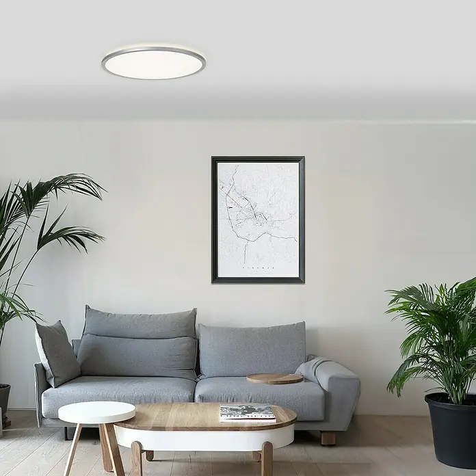Brilliant LED-Deckenleuchte rund Tanida - 46 W, Ø x H: 57 x 3,2 cm, Silber, RGBW - Deckenleuchte mit einem schlichten Design, ideal für moderne Wohnräume. Die runde Form und das dezente Licht sorgen für eine angenehme Atmosphäre.