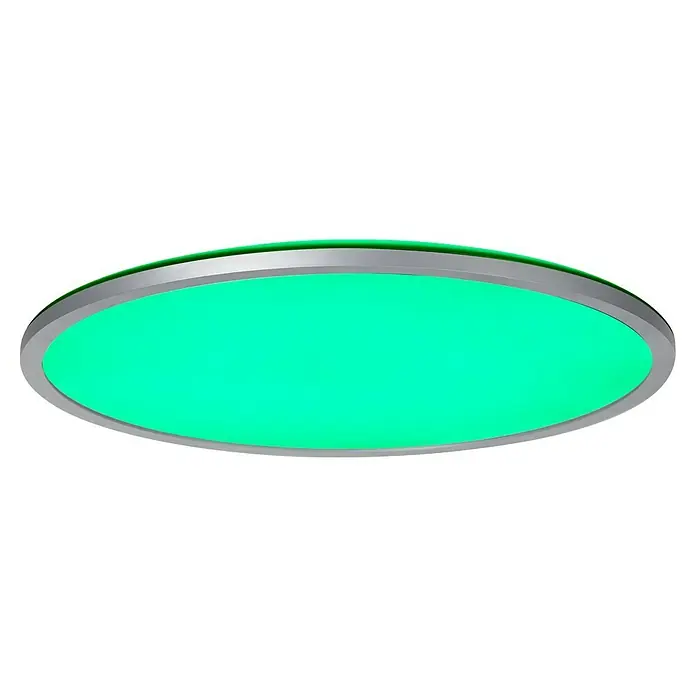 Brilliant LED-Deckenleuchte rund Tanida - 46 W, Ø x H: 57 x 3,2 cm, Silber, RGBW - Moderne LED-Deckenleuchte mit einem schlanken silbernen Rahmen und einem hellen, runden, grünen Licht, das eine stilvolle Beleuchtungslösung bietet.