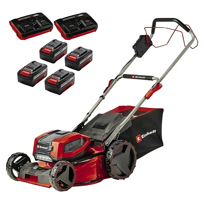 Einhell Professional Akku-Rasenmäher GP-CM 36/47 S HW Li - 36 V, 4 Akkus, 4 Ah, Schnittbreite: 47 cm - Ein akkubetriebener Rasenmäher mit mehreren Akkus und Ladegeräten.