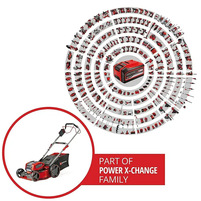 Einhell Professional Akku-Rasenmäher GP-CM 36/47 S HW Li - 36 V, 4 Akkus, 4 Ah, Schnittbreite: 47 cm - Akkurasenmäher im roten Design vor dem Hintergrund einer Kreisanordnung von Power X-Change Werkzeugen.