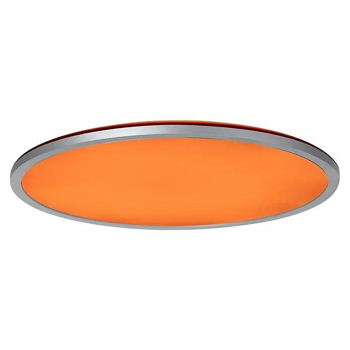 Brilliant LED-Deckenleuchte rund Tanida - 46 W, Ø x H: 57 x 3,2 cm, Silber, RGBW - Nahaufnahme einer runden, orangefarbenen Deckenleuchte mit einem eleganten silbernen Rahmen, die ein modernes und stilvolles Design bietet.