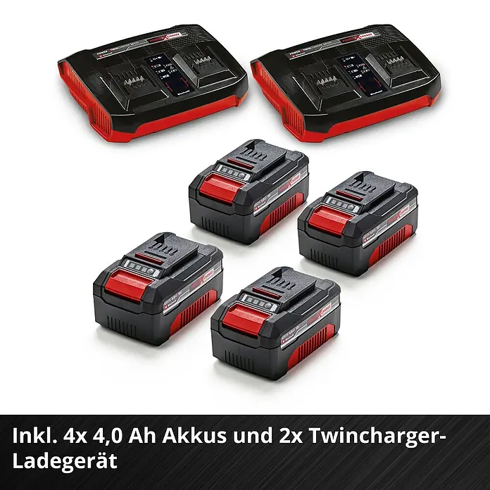 Einhell Professional Akku-Rasenmäher GP-CM 36/47 S HW Li - 36 V, 4 Akkus, 4 Ah, Schnittbreite: 47 cm - Produktbild eines Einhell Power X-Change Akku-Sets mit vier Akkus und zwei Doppelladegeräten.