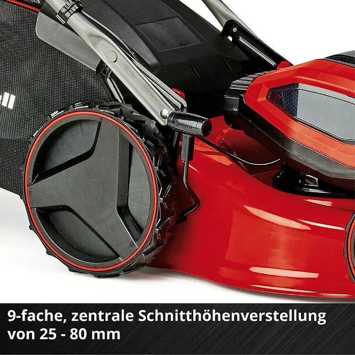 Einhell Professional Akku-Rasenmäher GP-CM 36/47 S HW Li - 36 V, 4 Akkus, 4 Ah, Schnittbreite: 47 cm - Detailaufnahme eines roten Rasenmähers mit schwarzem Rad und zentraler Schnitthöhenverstellung.