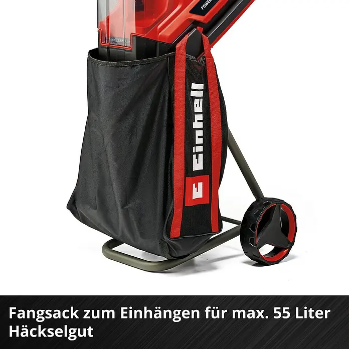 Einhell Power X-Change 18V Akku-Häcksler Redaxxo 36/25 - Max. Aststärke: 2,5 cm - Fangsack für max. 55 Liter Häckselgut. Der Fangsack ist schwarz mit rotem Einhell Logo und Aufschrift.