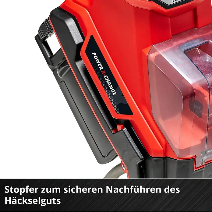 Einhell Power X-Change 18V Akku-Häcksler Redaxxo 36/25 - Max. Aststärke: 2,5 cm - Nahaufnahme des Power X-Change Akku-Gartengeräts, das für kabellose Freiheit beim Garteneinsatz sorgt.