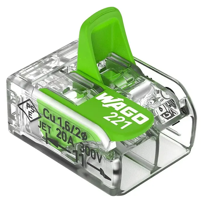 Wago Hebelklemme Green Range 221-422 - Anzahl Leiter: 2 Stk., 4 mm², 100 Stk. - WAGO 221 Verbindungsklemme mit Hebelbetätigung für einfache und sichere elektrische Verbindungen bis 300V und 20A.