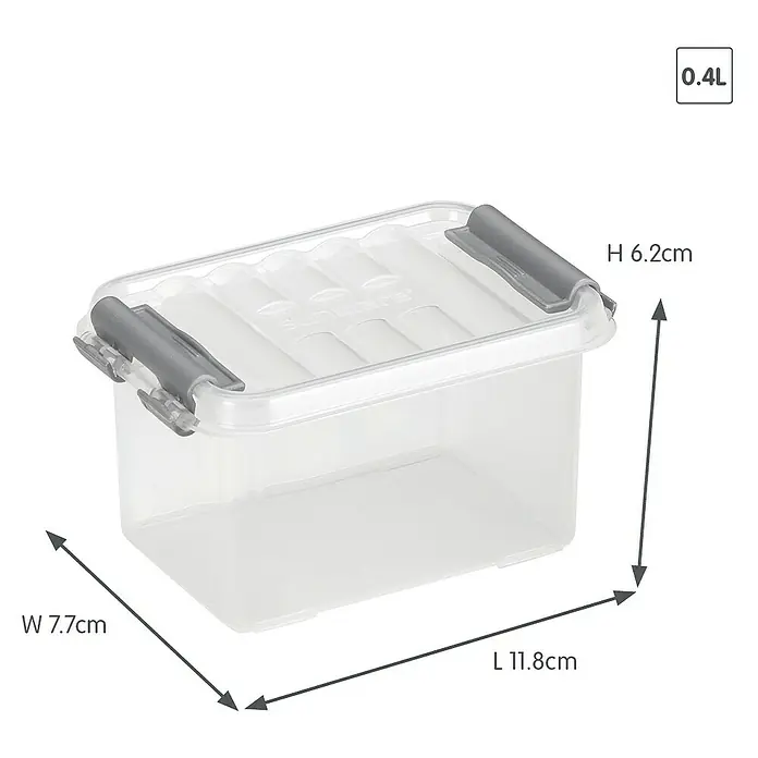 Sunware Aufbewahrungsbox Q-Line - L x B x H: 11,8 x 7,7 x 6,2 cm, Kunststoff, Transparent - Klarsichtige Frischhaltedose mit grauen Verschlüssen und den Maßen 7,7 x 11,8 x 6,2 cm.