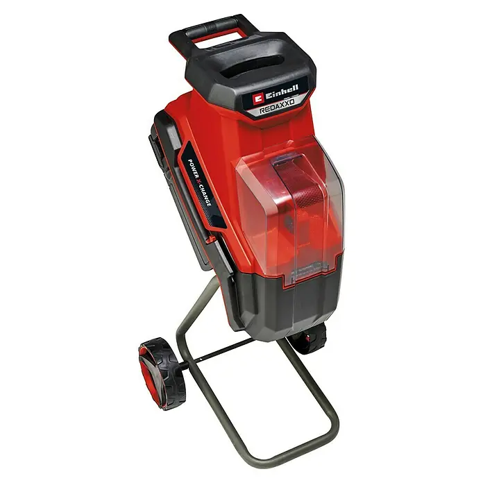 Einhell Power X-Change 18V Akku-Häcksler Redaxxo 36/25 - Max. Aststärke: 2,5 cm - Ein roter Einhell REDAXXO Akku-Häcksler mit schwarzen Akzenten und Rädern, ideal für Gartenabfälle.