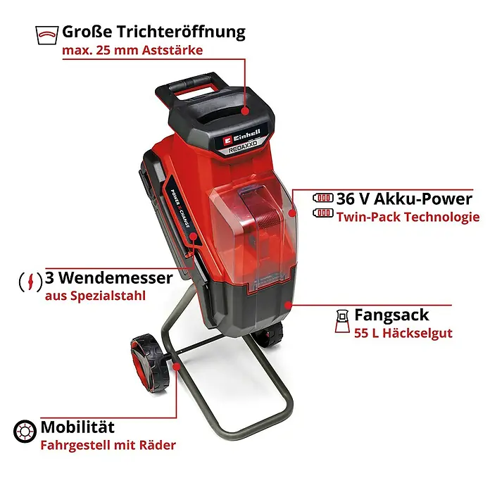 Einhell Power X-Change 18V Akku-Häcksler Redaxxo 36/25 - Max. Aststärke: 2,5 cm - Das Bild zeigt einen Einhell REDAXXO Akku-Häcksler mit großem Trichter, Wendemessern, Fahrgestell und Fangsack.