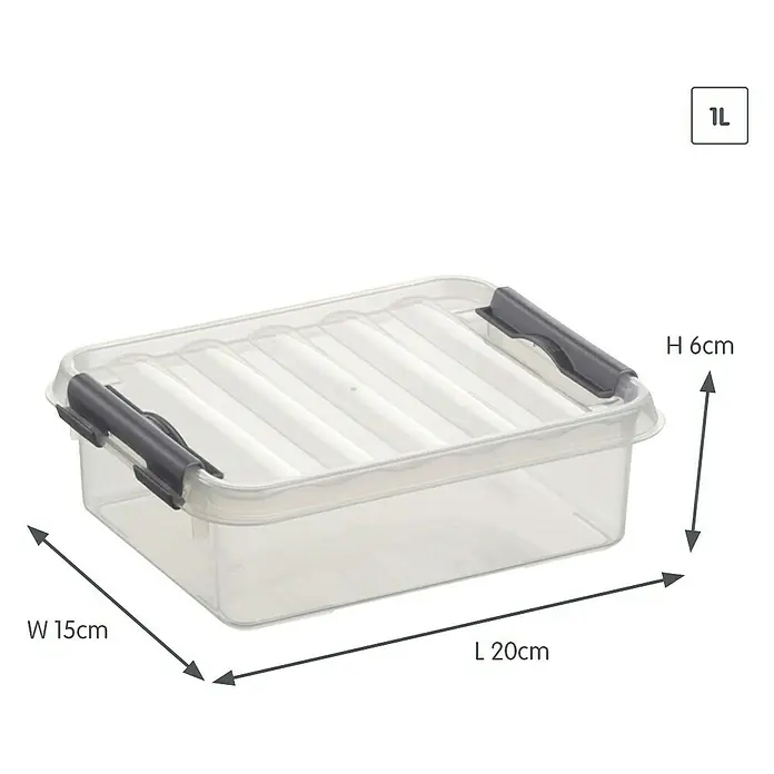 Sunware Aufbewahrungsbox Q-Line - L x B x H: 20 x 15 x 6 cm, Kunststoff, Transparent, Farbe Griff: Schwarz - Eine transparente 1L Aufbewahrungsbox mit Deckel und den Maßen 20 cm Länge, 15 cm Breite und 6 cm Höhe.
