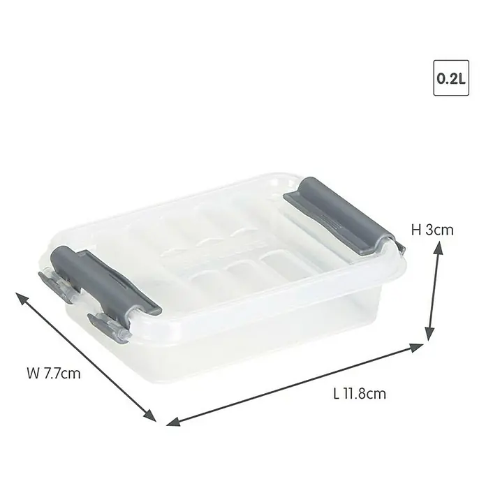Sunware Aufbewahrungsbox Q-Line - L x B x H: 11,8 x 7,7 x 3 cm, Kunststoff, Transparent - Ein durchsichtiger 0,2L-Kunststoffbehälter mit grauen Verschlüssen und Dimensionsangaben für Länge, Breite und Höhe.
