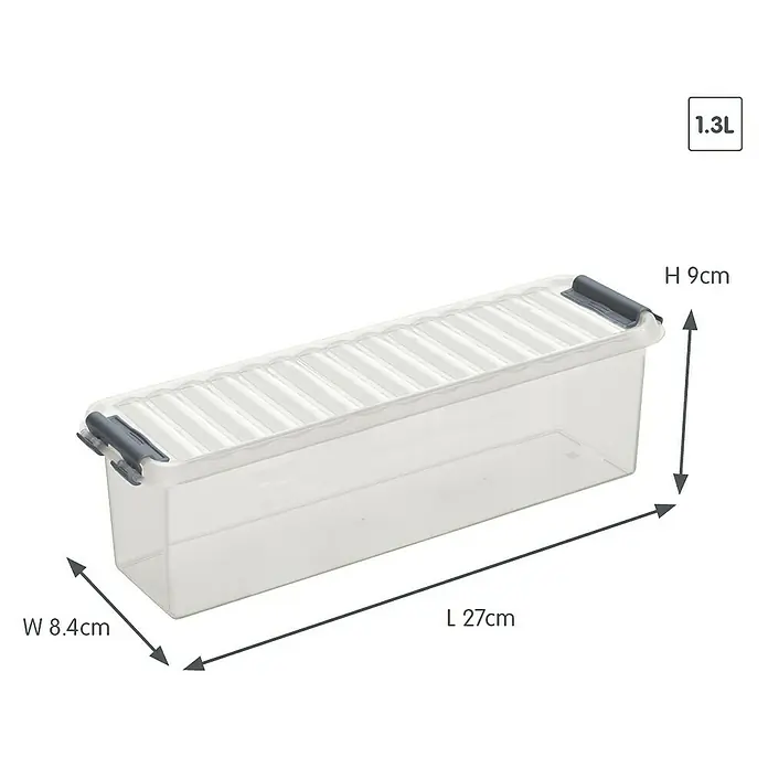 Sunware Aufbewahrungsbox Q-Line - L x B x H: 27 x 8,4 x 9 cm, Kunststoff, Transparent - Bild einer rechteckigen 1,3L Aufbewahrungsbox aus Kunststoff mit Deckel. Abmessungen: L 27cm, B 8.4cm, H 9cm.
