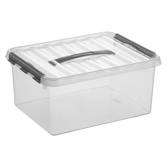 Sunware Aufbewahrungsbox Q-Line - L x B x H: 40 x 30 x 18 cm, Kunststoff, Transparent, Farbe Griff: Schwarz - Klarsichtbox mit Deckel und grauen Griffen, ideal zur Aufbewahrung und Organisation verschiedener Gegenstände im Haushalt.
