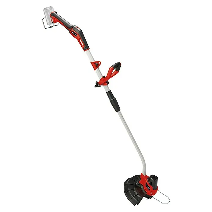 Einhell Power X-Change 18V Akku-Rasentrimmer GE-CT 18/33 Li-Solo - 18 V, Li-Ionen, Ohne Akku - Akku-Rasentrimmer von Einhell, ideal für die Rasenpflege. Das Gerät ist rot, silberfarben und schwarz und verfügt über einen Akku.