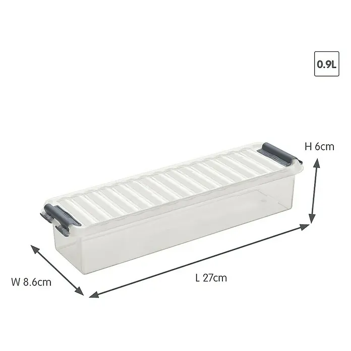 Sunware Aufbewahrungsbox Q-Line - L x B x H: 27 x 8,6 x 6 cm, Kunststoff, Transparent - Abgebildet ist eine transparente Aufbewahrungsbox mit den Maßen 27 x 8,6 x 6 cm und einem Fassungsvermögen von 0,9 Litern.