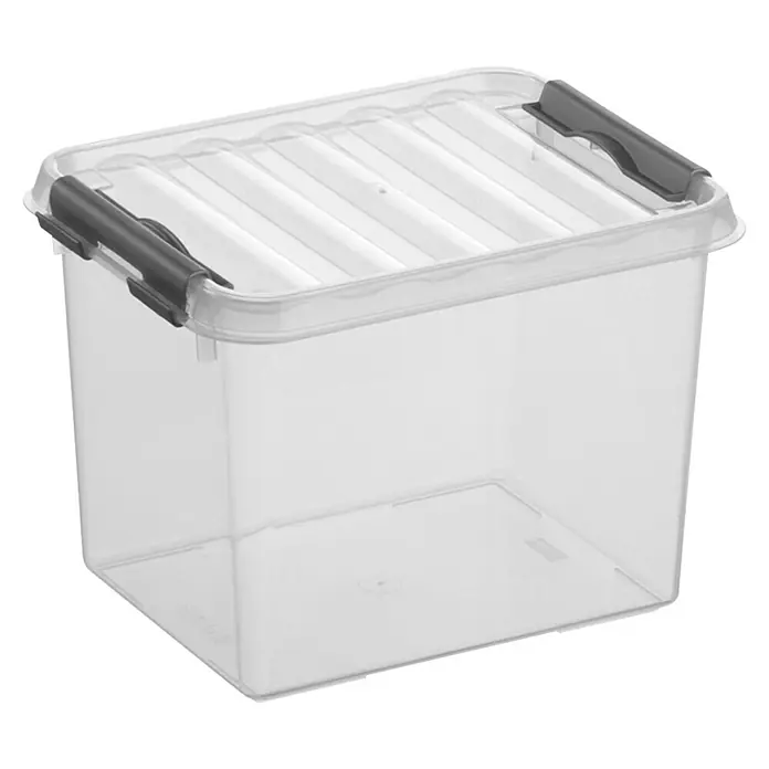 Sunware Aufbewahrungsbox Q-Line - L x B x H: 20 x 15 x 14,3 cm, Kunststoff, Transparent, Farbe Griff: Schwarz - Transparente Aufbewahrungsbox mit Deckel und schwarzen Griffen für eine ordentliche und übersichtliche Lagerung verschiedener Gegenstände.