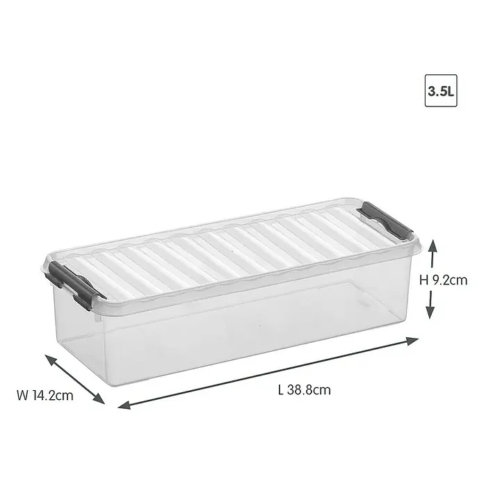 Sunware Aufbewahrungsbox Q-Line - L x B x H: 38,8 x 14,2 x 9,2 cm, Kunststoff, Transparent, Farbe Griff: Schwarz - Ein transparentes 3,5L-Aufbewahrungsbox mit Deckel, ideal für die Organisation. Die Box ist 38,8cm lang, 14,2cm breit und 9,2cm hoch.