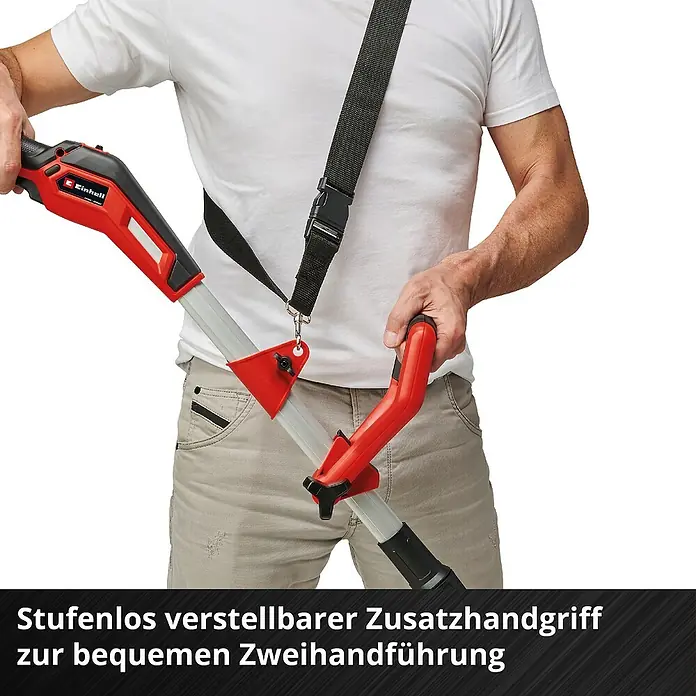 Einhell Power X-Change 18V Akku-Rasentrimmer GE-CT 18/33 Li-Solo - 18 V, Li-Ionen, Ohne Akku - Der stufenlos verstellbare Zusatzhandgriff sorgt für bequeme Zweihandführung der Elektro-Heckenschere.