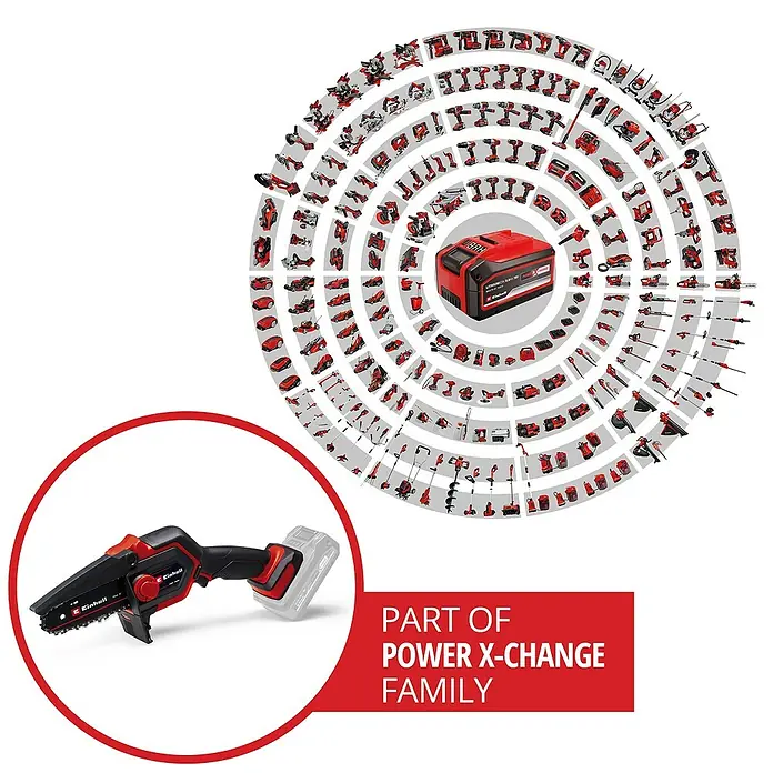 Einhell Power X-Change 18V Akku-Astsäge GE-PS 18/15 Li BL - 18 V, Li-Ionen, Ohne Akku, Schwertlänge: 15,8 cm - Abbildung der Einhell Akku-Kettensäge, Teil der Power X-Change Familie, mit einer Vielzahl anderer kompatibler Werkzeuge im Hintergrund.