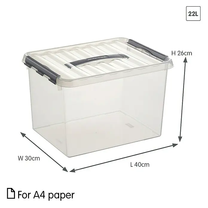 Sunware Aufbewahrungsbox Q-Line - L x B x H: 40 x 30 x 26 cm, Kunststoff, Transparent, Farbe Griff: Schwarz - Abbildung einer transparenten 22L-Aufbewahrungsbox aus Kunststoff mit den Maßen 40x30x26 cm, ideal für A4-Papier.