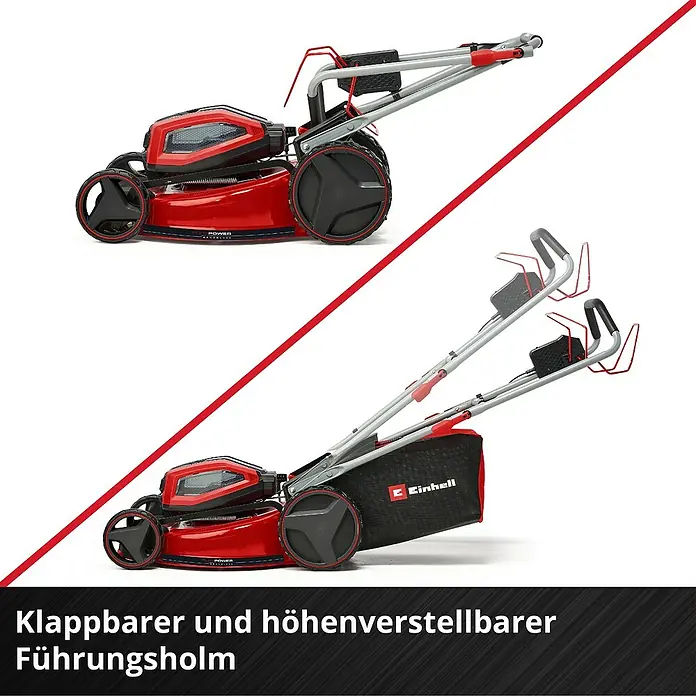 Einhell Professional Akku-Rasenmäher GP-CM 36/52 S Li BL - 36 V, 4 Akkus, 5,2 Ah, Schnittbreite: 52 cm - Zwei Ansichten des Einhell Akku-Rasenmähers mit klappbarem und höhenverstellbarem Führungsholm.