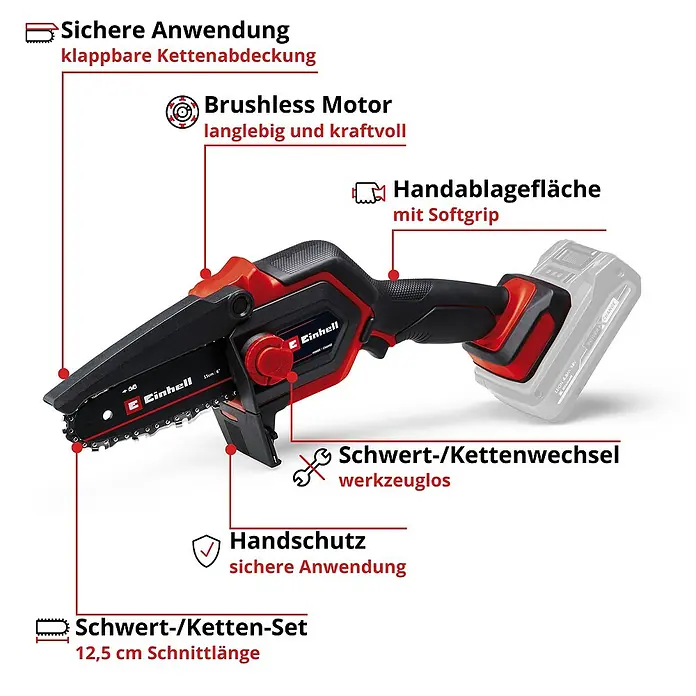 Einhell Power X-Change 18V Akku-Astsäge GE-PS 18/15 Li BL - 18 V, Li-Ionen, Ohne Akku, Schwertlänge: 15,8 cm - Abbildung einer Einhell Akku-Kettensäge mit bürstenlosem Motor, klappbarer Kettenabdeckung und Softgrip für sichere und einfache Anwendung.