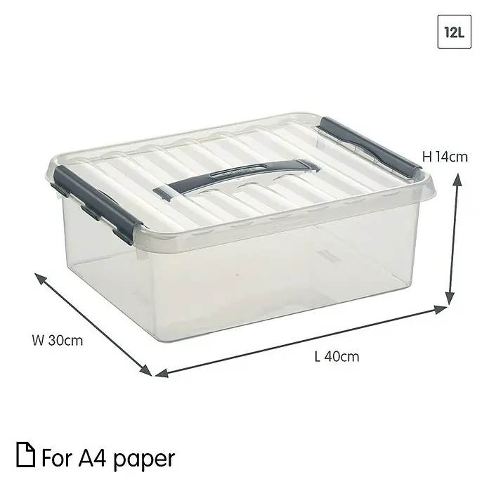 Sunware Aufbewahrungsbox Q-Line - L x B x H: 40 x 30 x 14 cm, Kunststoff, Transparent, Farbe Griff: Schwarz - Transparente 12L Aufbewahrungsbox mit den Maßen 40cm Länge, 30cm Breite und 14cm Höhe. Geeignet für A4 Papier.