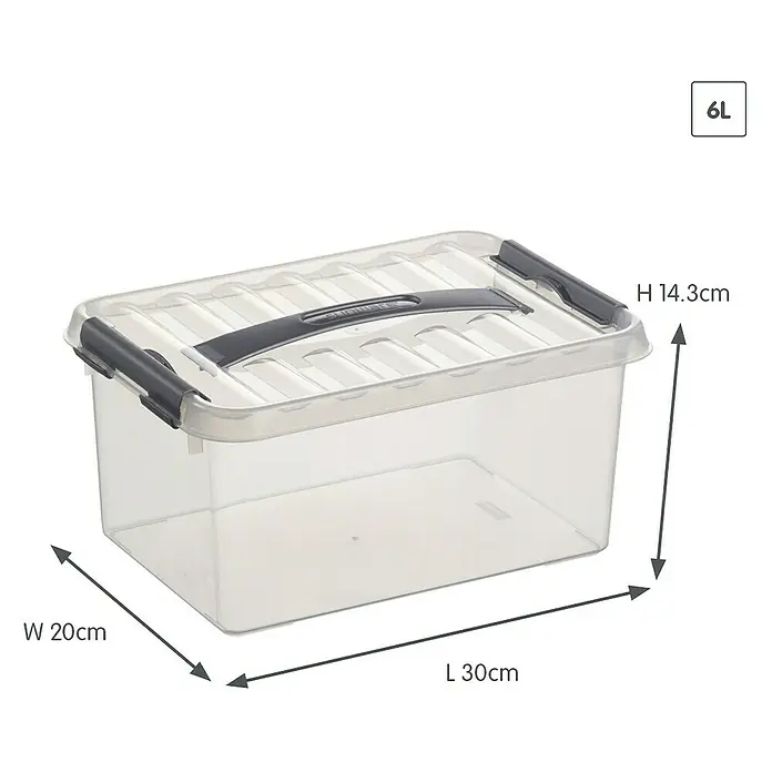 Sunware Aufbewahrungsbox Q-Line - L x B x H: 30 x 20 x 14,3 cm, Kunststoff, Transparent, Farbe Griff: Schwarz - Abbildung einer transparenten 6L Aufbewahrungsbox aus Kunststoff mit den Maßen 30x20x14,3 cm.