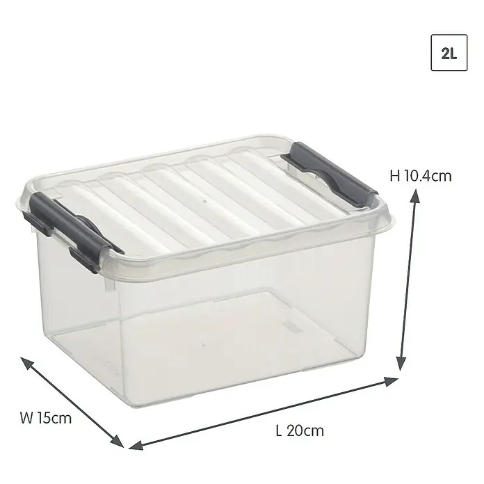 Sunware Aufbewahrungsbox Q-Line - L x B x H: 20 x 15 x 10,4 cm, Kunststoff, Transparent, Farbe Griff: Schwarz - Produktbild einer 2L Aufbewahrungsbox aus Kunststoff mit den Maßen H 10.4cm, B 15cm, L 20cm.