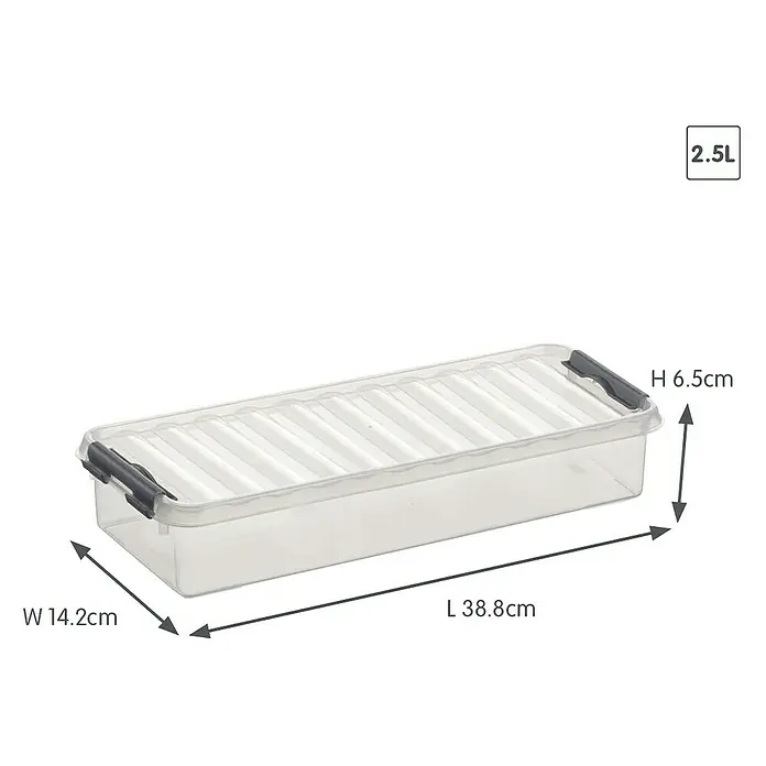 Sunware Aufbewahrungsbox Q-Line - L x B x H: 38,8 x 14,2 x 6,5 cm, Kunststoff, Transparent - Abbildung einer transparenten Aufbewahrungsbox mit den Maßen Länge 38,8 cm, Breite 14,2 cm und Höhe 6,5 cm.