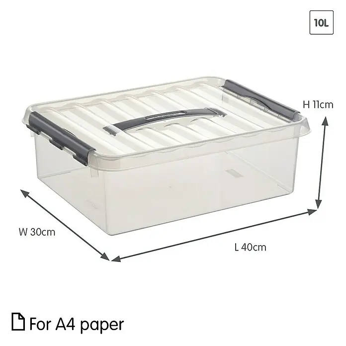Sunware Aufbewahrungsbox Q-Line - L x B x H: 40 x 30 x 11 cm, Kunststoff, Transparent, Farbe Griff: Schwarz - Abbildung einer durchsichtigen 10L Aufbewahrungsbox mit Deckel und den Maßen Länge 40cm, Breite 30cm und Höhe 11cm.