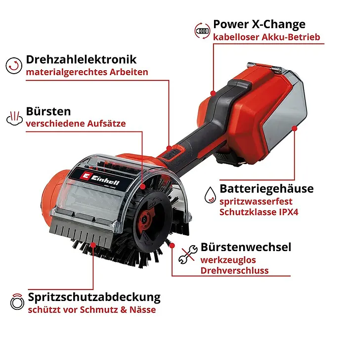 Einhell Power X-Change 18V Akku-Reinigungsbürste Picobella 18/90 - 18 V, Ohne Akku - Abbildung einer kabellosen Einhell-Fugenbürste mit auswechselbaren Bürsten, Drehzahlregelung und Spritzschutzabdeckung.