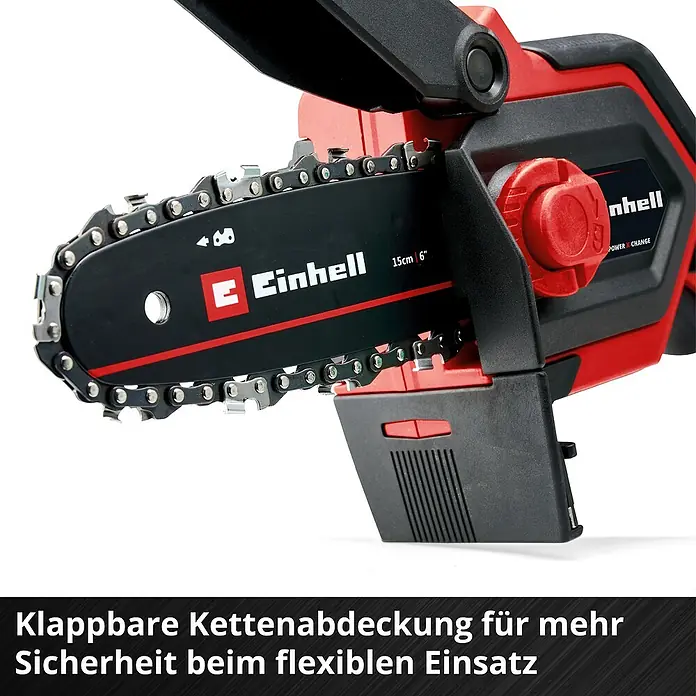 Einhell Power X-Change 18V Akku-Astsäge GE-PS 18/15 Li BL - 18 V, Li-Ionen, Ohne Akku, Schwertlänge: 15,8 cm - Nahaufnahme einer Einhell Akku-Kettensäge mit 15cm Schwertlänge.