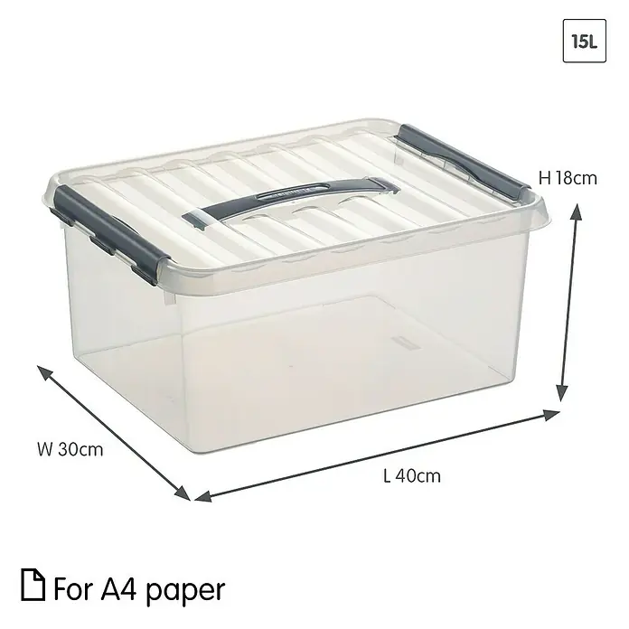 Sunware Aufbewahrungsbox Q-Line - L x B x H: 40 x 30 x 18 cm, Kunststoff, Transparent, Farbe Griff: Schwarz - Transparente 15L Aufbewahrungsbox mit Deckel und den Maßen 40x30x18 cm, ideal zur Lagerung von A4-Papier und anderen Gegenständen.