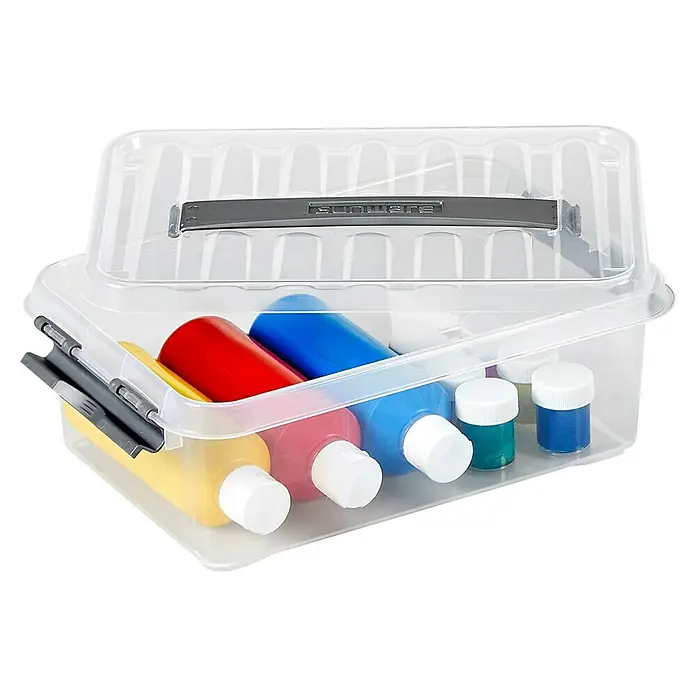 Sunware Aufbewahrungsbox Q-Line - L x B x H: 30 x 20 x 10,4 cm, Kunststoff, Transparent, Farbe Griff: Schwarz - Eine transparente Sunware Aufbewahrungsbox, gefüllt mit bunten Farbtuben und kleinen Farbtöpfchen, ideal zum Organisieren von Bastelmaterialien.