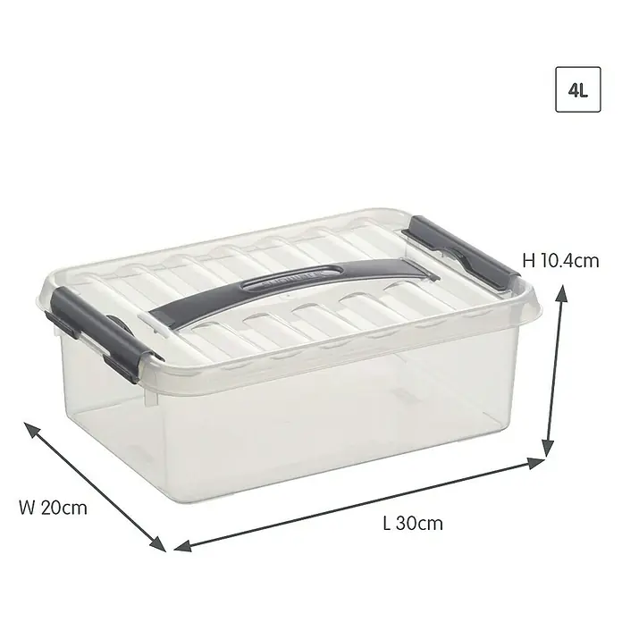 Sunware Aufbewahrungsbox Q-Line - L x B x H: 30 x 20 x 10,4 cm, Kunststoff, Transparent, Farbe Griff: Schwarz - Ein durchsichtiger 4L Aufbewahrungsbehälter mit Deckel und den Maßen Länge 30cm, Breite 20cm und Höhe 10,4cm.