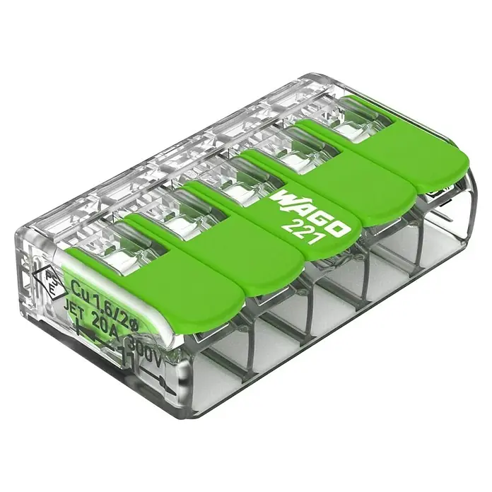 Wago Hebelklemme Green Range 221-425 - Anzahl Leiter: 5 Stk., 4 mm², 25 Stk. - Ein 5-Leiter-Wago 221 Verbindungsklemme mit Hebelbetätigung. Ideal für schnelle und sichere elektrische Installationen mit farbcodierten Betätigungshebeln.