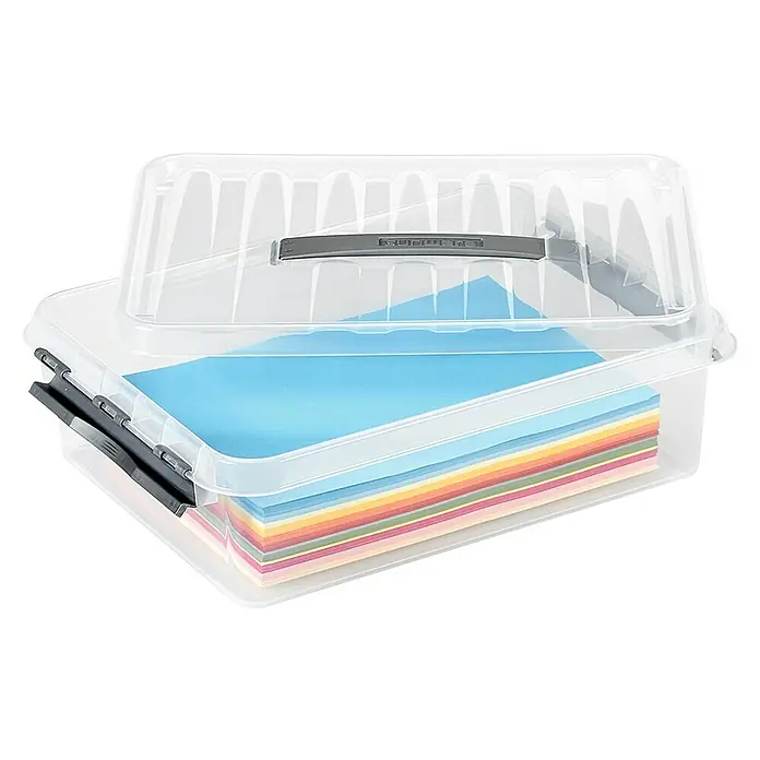 Sunware Aufbewahrungsbox Q-Line - L x B x H: 40 x 30 x 11 cm, Kunststoff, Transparent, Farbe Griff: Schwarz - Ein transparenter Aufbewahrungsbehälter mit farbigem Papier, perfekt für die Organisation von Dokumenten und Bastelmaterialien.