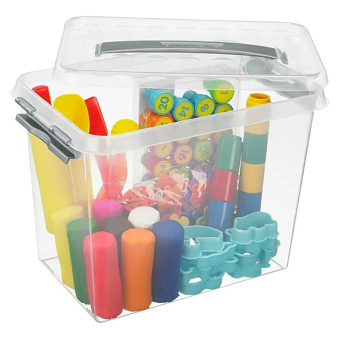 Sunware Aufbewahrungsbox Q-Line - L x B x H: 30 x 20 x 22,3 cm, Kunststoff, Transparent, Farbe Griff: Schwarz - Transparente Aufbewahrungsbox mit farbenfrohen Bastelmaterialien wie Knete, Ausstechern und Zählsteinen für kreativen Spaß.