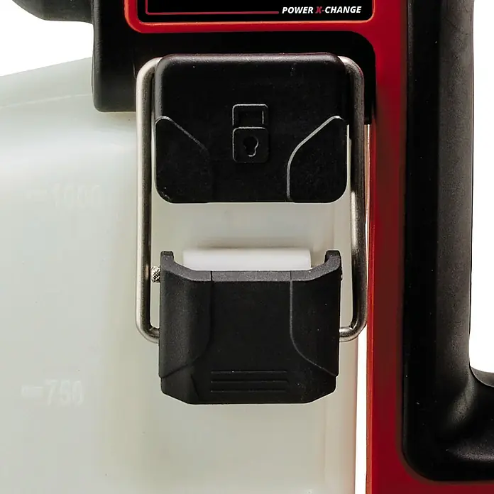 Einhell Power X-Change 18V Akku-Drucksprühgerät GE-WS 18/10 LI - 18 V, Ohne Akku, Betriebsdruck: 1,3 bar - Detailansicht eines Geräts mit einem weißen Behälter und schwarzen Halterungen, möglicherweise Teil eines Sprühgeräts oder ähnlichen Werkzeugs.