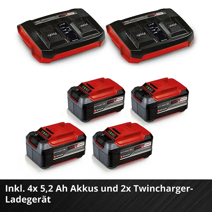 Einhell Professional Akku-Rasenmäher GP-CM 36/52 S Li BL - 36 V, 4 Akkus, 5,2 Ah, Schnittbreite: 52 cm - Bild eines Einhell Power X-Change Akku-Sets mit vier 5,2 Ah Akkus und zwei Doppelladegeräten.