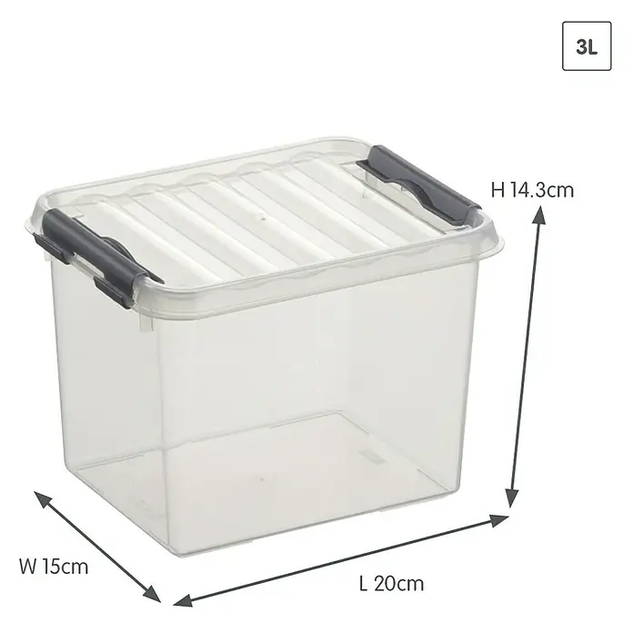 Sunware Aufbewahrungsbox Q-Line - L x B x H: 20 x 15 x 14,3 cm, Kunststoff, Transparent, Farbe Griff: Schwarz - Abbildung einer durchsichtigen 3L-Aufbewahrungsbox mit Deckel und den Maßen Höhe 14,3cm, Breite 15cm und Länge 20cm.